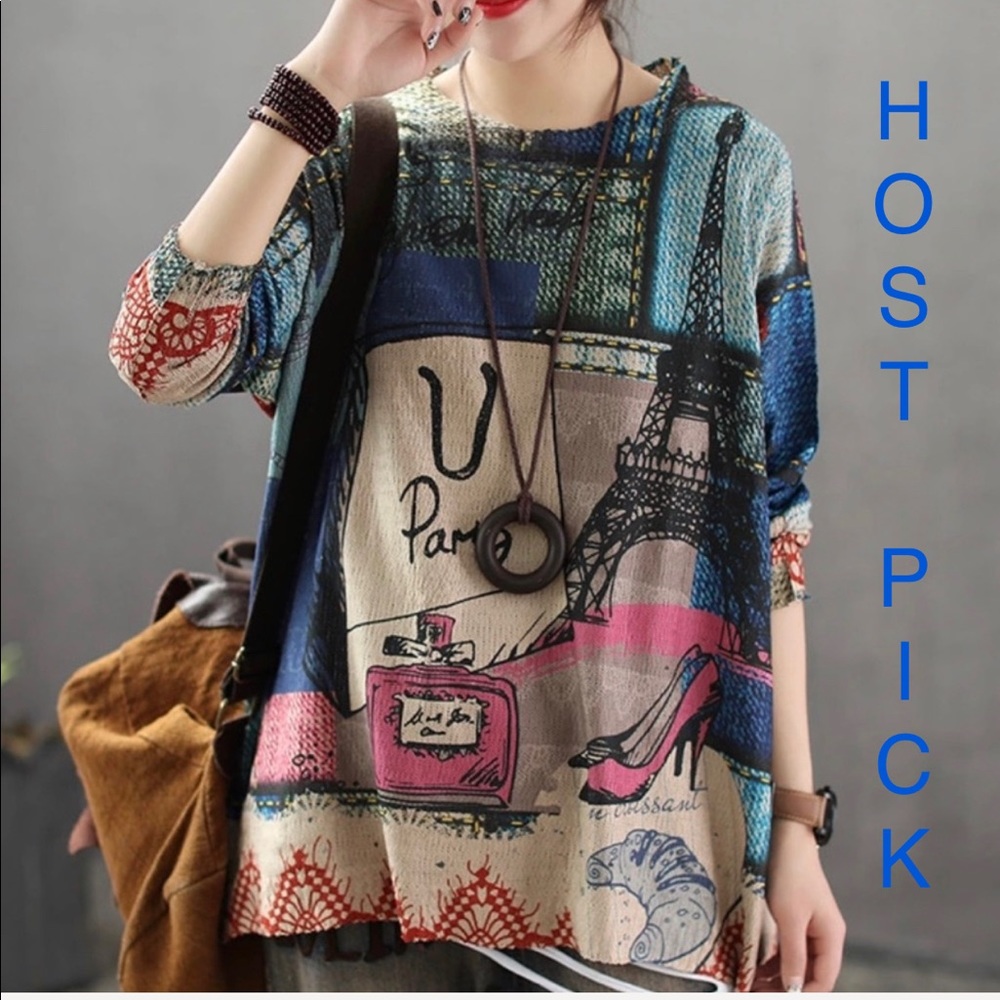 Oversized cotton knit Retro print Paris sweater